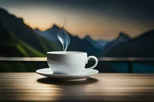 une tasse de café sur une table avec montagnes dans le Contexte. généré par ai photo