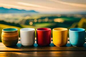 coloré tasses sur une table avec montagnes dans le Contexte. généré par ai photo