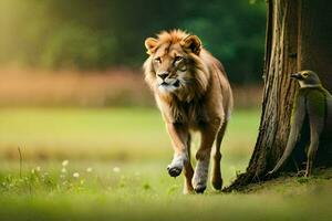 le Lion et le oiseau. généré par ai photo