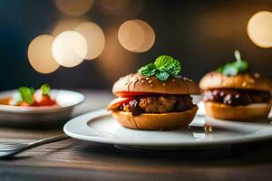 deux petit des hamburgers sur une assiette avec une fourchette et couteau. généré par ai photo