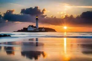 une phare est réfléchi dans le l'eau à le coucher du soleil. généré par ai photo