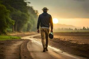 une homme en marchant vers le bas une saleté route avec une chapeau sur. généré par ai photo