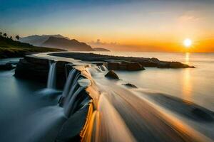 une cascade écoulement dans le océan à le coucher du soleil. généré par ai photo