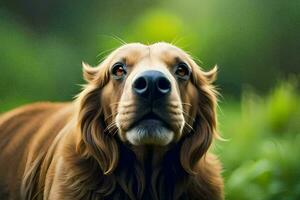 une proche en haut de une chien à la recherche en haut à le caméra. généré par ai photo