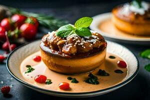 une dessert avec Viande et sauce sur une plaque. généré par ai photo