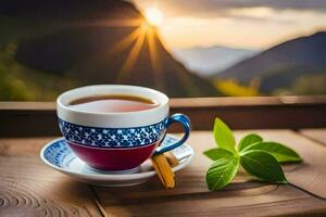 une tasse de thé sur une en bois table avec montagnes dans le Contexte. généré par ai photo