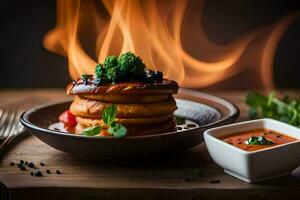 une assiette de Crêpes avec sauce et brocoli. généré par ai photo