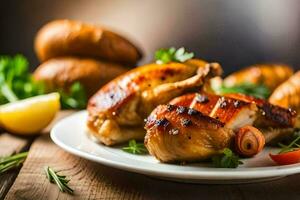 grillé poulet sur une assiette avec des légumes. généré par ai photo