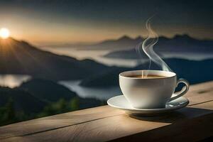 une tasse de café sur une en bois table dans de face de une Montagne voir. généré par ai photo