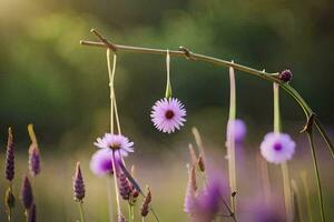 violet fleurs pendaison de une branche dans une champ. généré par ai photo