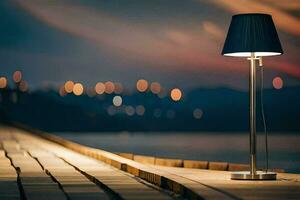 une lampe sur une Dock à nuit. généré par ai photo