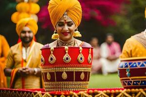 une la mariée dans une turban et or robe est souriant. généré par ai photo