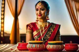 une femme dans traditionnel Indien tenue est assis avec Trois marmites. généré par ai photo