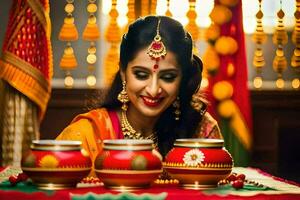une magnifique Indien la mariée souriant à le caméra. généré par ai photo