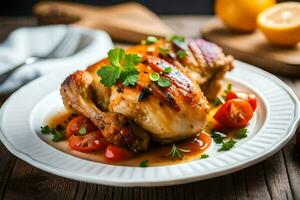 poulet avec tomates et herbes sur une blanc plaque. généré par ai photo