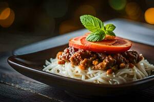 une assiette de spaghetti avec tomate et Viande sur Haut. généré par ai photo