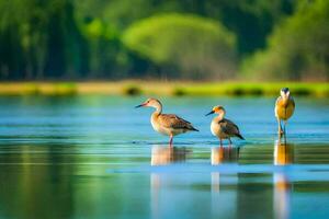 Trois canards permanent dans le l'eau près une vert forêt. généré par ai photo