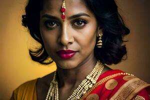 un Indien femme portant une rouge sari et or bijoux. généré par ai photo