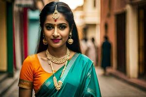 une magnifique femme dans une sari et or bijoux. généré par ai photo