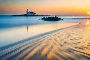 une phare est assis sur le plage à le coucher du soleil. généré par ai photo