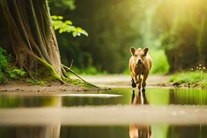 une vache en marchant le long de une chemin dans le forêt. généré par ai photo