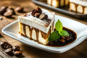 une pièce de cheesecake avec Chocolat frites et menthe feuilles. généré par ai photo