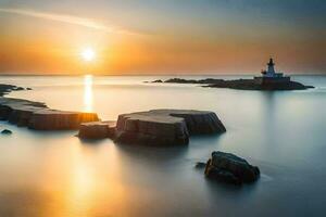 une phare dans le océan à le coucher du soleil. généré par ai photo