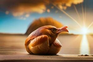 une poulet est séance sur le plage avec le Soleil réglage derrière il. généré par ai photo