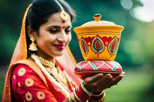 une magnifique Indien la mariée en portant une pot. généré par ai photo