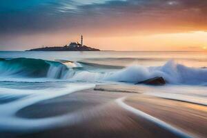 une phare dans le distance à le coucher du soleil. généré par ai photo