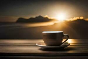 café tasse sur le tableau, montagnes, lever du soleil, le soleil, le ciel, HD. généré par ai photo