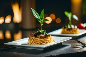 deux assiettes avec spaghetti et Viande sur eux. généré par ai photo