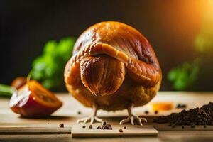 une rôti poulet sur une Coupe planche. généré par ai photo