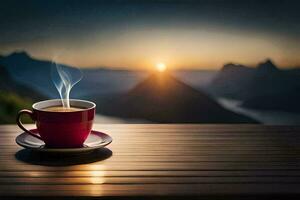 une tasse de café sur une en bois table avec une vue de le montagnes. généré par ai photo