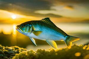 une poisson est permanent sur le océan à le coucher du soleil. généré par ai photo