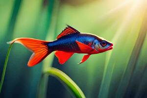 une poisson avec rouge et bleu palmes est dans le l'eau. généré par ai photo