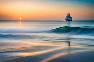 une bateau dans le océan à le coucher du soleil. généré par ai photo