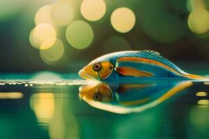 une poisson est flottant dans le l'eau avec une brillant lumière derrière il. généré par ai photo