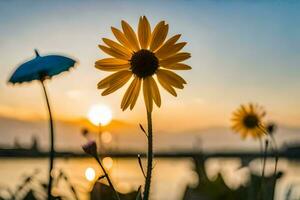 tournesol et parapluie dans le le coucher du soleil. généré par ai photo