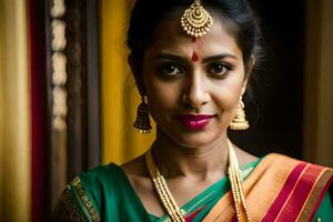 une magnifique Indien femme portant une sari et bijoux. généré par ai photo