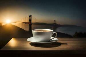le d'or porte pont, café, tasse, lever du soleil, HD fond d'écran. généré par ai photo
