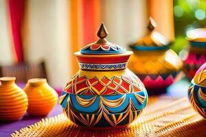 coloré des vases sur une table avec coloré rideaux. généré par ai photo