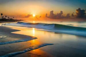 le Soleil monte plus de le océan et vagues sur le plage. généré par ai photo