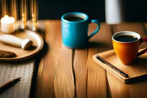 une café tasse et une stylo sur une en bois tableau. généré par ai photo