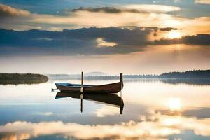 une bateau est assis sur le calme l'eau à le coucher du soleil. généré par ai photo