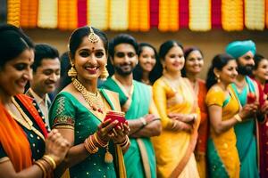 Indien mariage la cérémonie avec la mariée et jeune marié. généré par ai photo