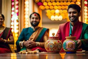 une couple dans traditionnel Indien tenue est en portant une pot. généré par ai photo