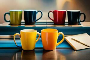 coloré café tasses sur une tableau. généré par ai photo