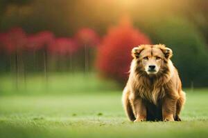 une chien séance dans le herbe avec une le coucher du soleil dans le Contexte. généré par ai photo