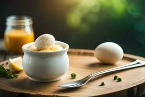 des œufs dans une tasse sur une en bois tableau. généré par ai photo